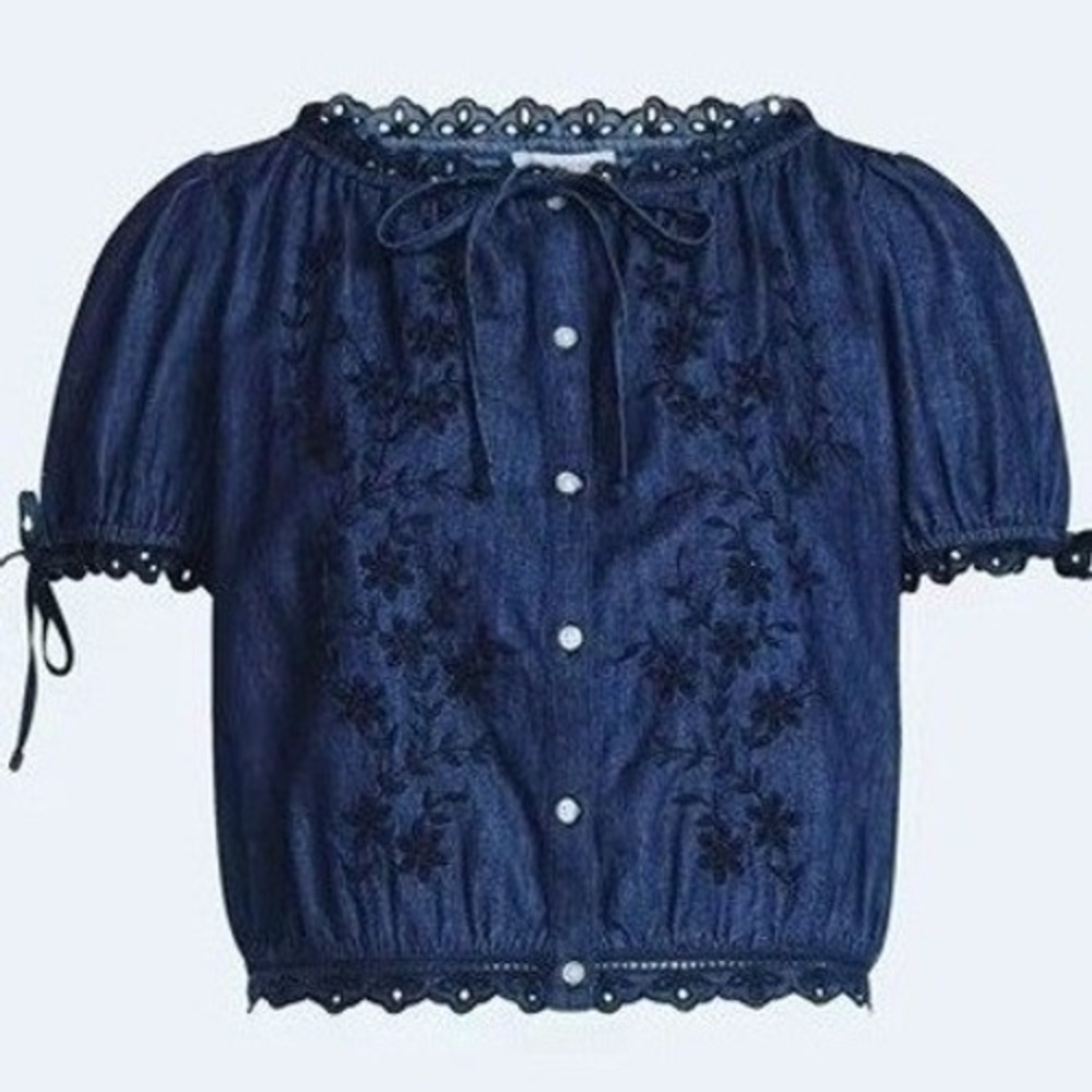 FREE ASSEMBLY Embroidered Denim Crop Top Sz S Dark Wash Indigo Button Front NWT
